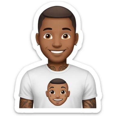 black man with face tattoos, smiling, wearing a t-shirt sticker