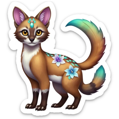 Colorful dark tropical white iridescent glorious divine exotic cute cool beautiful shiny beautiful floral fantasy-caracal-civet-genet-sergal-vernid-Cacomistle-oncilla-animal-Fakémon-hybrid-fursona (full body) sticker