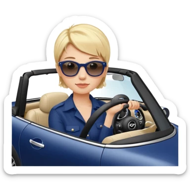 navy blue convertible Mini Cooper, with short, blonde colored haired woman driving - update woman to fair skinned sticker