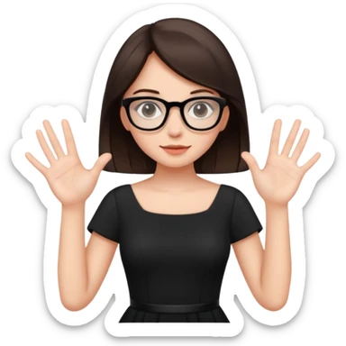 a cute brunette girl in a black dress wearing glasses  with two hands  sticker