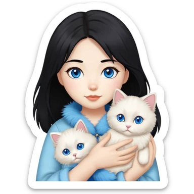 Asian girl with black hair holding a fluffy ragdoll cat with blue eyes and colorpoint fur sticker