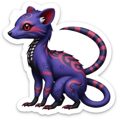 Rare warm-colored exotic gloomy tropical edgy cute epic aesthetic spooky indigo violet white black red gothic colorful Salandit-Noibat-Civet-species-Fakemon-hybrid-creature, with tribal tattoo markings, full body sticker