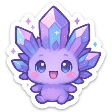 chibi kawaii style emote of a crystal sprite creature, colors purple blue and pink, happy expression sticker