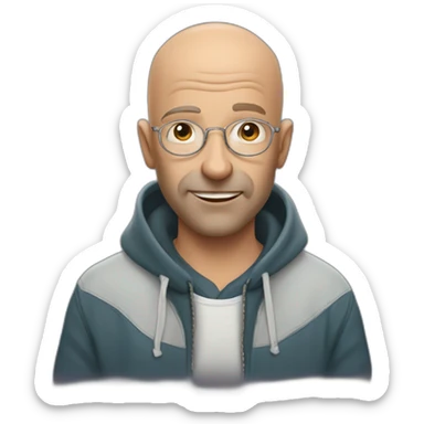 50 year old friendly bald guy in a hoodie holding a harmonica sticker