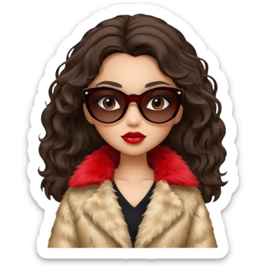generate a pretty fair bratz girl with dark brown eyes, dark brown wavy hair, beige fur coat, black sunglasses, red lipstick. RICH sticker