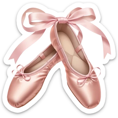 Cinematic Realistic Ballet Shoes, soft satin pink pointe shoes with delicate ribbons, resting gently on a polished wooden floor, subtle creases in the fabric, glowing under the warm golden light of a rehearsal studio, evoking elegance and grace. sticker