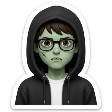 zombie boy with white tshirt and black brownish hair and with black glasses frames on hair is texturized young boy and round face more green face and dark brown eyes black thick cotton y2k hoodie with the white t-shirt under it hood of hoodie is standing up a slight bit and no ties on hoodie sticker