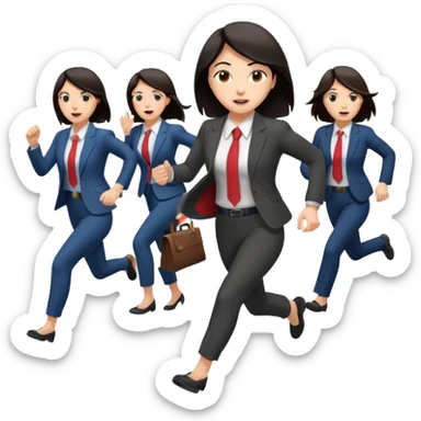 a female co-worker running and other co-workers chasing her  - female co worker with dark hair way in front... others far behind sticker