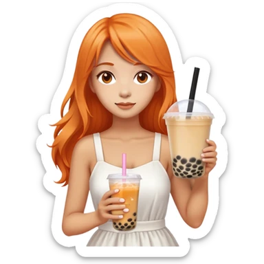 Beautiful woman in 1965’s woman fashion look, white dress, long orange hair, bubble tea sticker