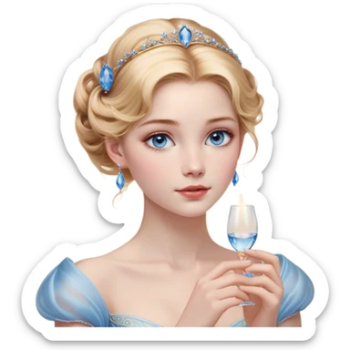 Cinematic Realistic Cinderella Portrait, depicted with lifelike skin texture, subtle rosy undertones, and soft natural lighting that enhances the gentle contours of her face. Her intricately detailed golden blonde hair is elegantly styled in an updo, with delicate wisps framing her face. Her deep, expressive blue eyes radiate warmth and sincerity, reflecting a quiet resilience and grace. She holds a glass slipper gently in one hand, her other hand resting gracefully at her side, emphasizing the timeless beauty of the moment. She is dressed in her iconic ball gown, the fabric shimmering with intricate embroidery and fine translucent layers that catch the light beautifully. The soft sheen of satin gloves adds a magical touch to her graceful pose. The portrait features an enchanting glow with a natural, luminous finish, seamlessly blending realism and fairytale charm to evoke a sense of depth, elegance, and timeless beauty. sticker