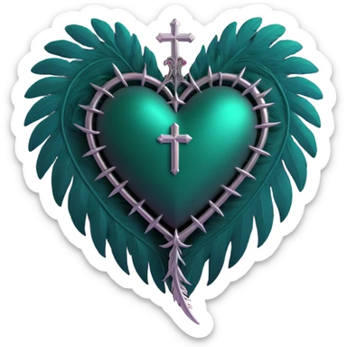 gothic heart, dark emerald velvet, silver cross, feather details, lush and gothic sticker