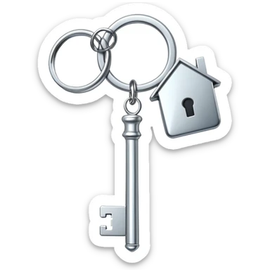 A simple house key with a stylized keychain sticker