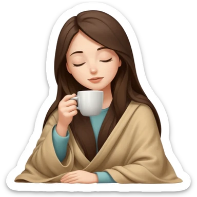 Brunette girl long hair inside a beige blanket sipping coffee eyes closed sticker
