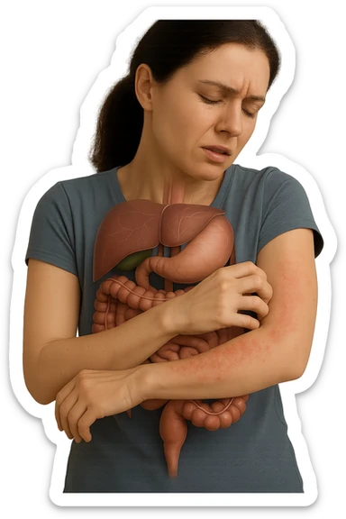 donna con intestino umano anatomico realistico che si gratta il braccio su cui ha un'eritema, iperrealistica 4k sticker