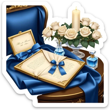 A carefully folded love letter, tied with a silky blue ribbon, sits on a velvet cushion. Beside it stands a tall crystal perfume bottle, exuding the soft scent of white roses. Pearl butterflies hover above the table, as the warm glow of candlelight reflects off the golden wax seal. sticker