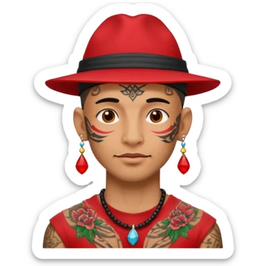 unique looking tourist with big unique red tourist hat and earrings, man with lots of tattoes sticker