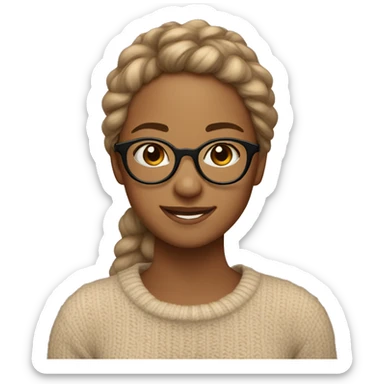 smiling girl with light brown skintone, wearing round clear glasses, with a comfy sweater on sticker