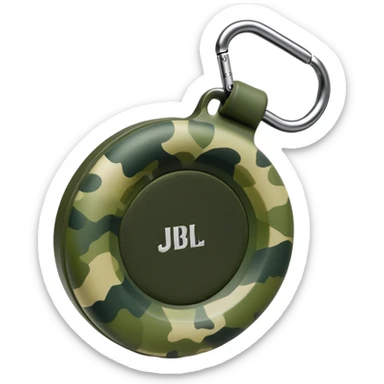 Minimalist JBL Clip 4 speaker with accurate circular shape and integrated carabiner clip at top, green camouflage pattern, iOS emoji style sticker