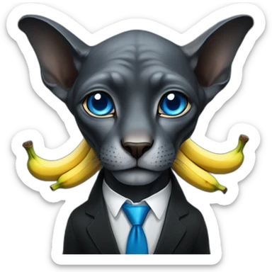 dark grey sphinx with bright blue eyes wearing black suit, calling on banana as phone, portrait sticker