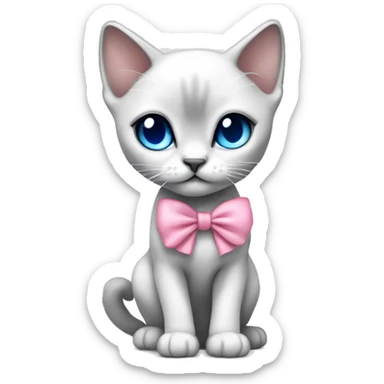 full body extremely cute big head kawaii white and gray siamese kitten with blue eyes and pink bow sticker