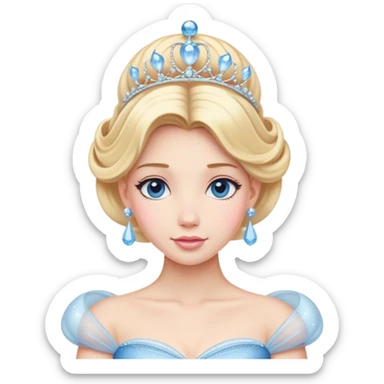 Cinematic Majestic Cinderella Portrait Emoji, rendered in a realistic, vector-style with clean, bold shapes. Depict Cinderella with a refined, noble expression, her fair skin luminous and her long blonde hair styled in an elegant updo, adorned with a delicate tiara. Her attire is a simple, sparkling ball gown that radiates soft pastel hues, glowing with a soft, majestic light and a subtle glowing outline, epitomizing classic royal beauty. sticker