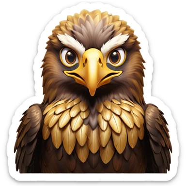 Cinematic Comical Golden Eagle Portrait Emoji, Head tilted dramatically with an exaggeratedly shocked expression, featuring a striking, broad-beaked form with wide, comically expressive eyes full of playful disbelief and richly textured golden feathers, Simplified yet hilariously expressive features, highly detailed, glowing with a slightly sassy amber glow, high shine, dramatic yet playful, stylized with an air of cheeky aerial mischief, soft glowing outline, capturing the essence of a meme-worthy golden eagle that looks ready to side-eye its way into viral fame! sticker