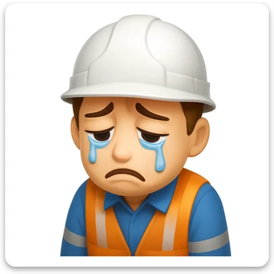 Make the sad construction worker look even sadder, with tears, slumped posture, and a gloomy expression in emoji style sticker