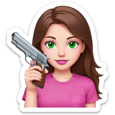 mid sized white skinned girl with green eyes and long brown hair holding a pistol smiling in a pink t-shirt with pink lips sticker