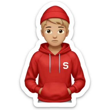 make me an emoji of an americain 19 yearold boy in a red hoodie that says "south" on it and give him with tan skin with his hands in his hands in his pocket not grining flexing his muscles sticker