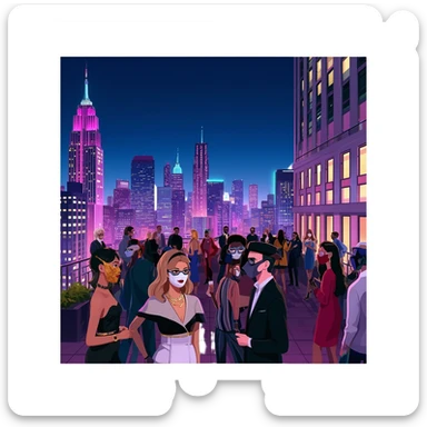 a huge party on the rooftop terrace of an upscale downtown hotel. The party was masquerade-themed, and the client would pay models to attend and mingle among the crowd. sticker