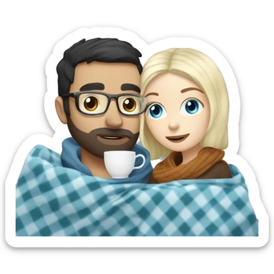 Pale blonde girl with blue eyes wearing glasses and pale man with short black hair and beard drinking tea under a blanket sticker
