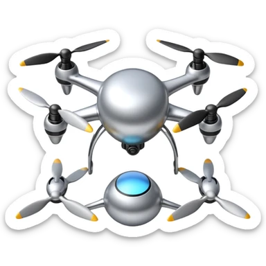 A futuristic drone emoji made of polished silver chrome, smooth rounded body, minimal propellers, reflective metallic surface, soft studio lighting, iOS emoji style, centered, clean white background sticker