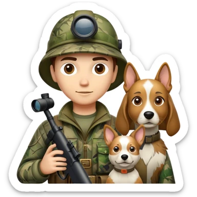 Icon for Hunting: a hunter with a rifle, wearing camouflage gear, with a dog by their side and a pair of binoculars. The icon should capture the outdoor adventure and skill of hunting. Transparent background. sticker