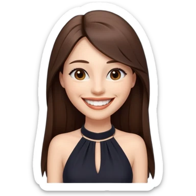 emoji-style illustration of a stylish pretty big smile woman with long straight brown hair, wearing a dark halter neck dress, elegant and minimalistic look, front-facing, soft 3D cartoon rendering, plain background sticker
