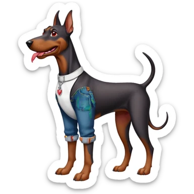 Generate a emoji of a big evil doberman dog with red eyes and a tongue sticking out, give the doberman a human body with a white shirt and baggy jeans, make the doberman have piercings sticker
