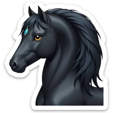 Cinematic Elegant Black Horse Portrait Emoji, Head held high with a serene, powerful gaze, showcasing a magnificent jet-black fur with a radiant, glossy finish, a flowing mane and tail, and piercing dark eyes exuding beauty and strength, Simplified yet majestically refined features, highly detailed, glowing with a soft, ethereal light, high shine, poised and breathtaking, stylized with an air of pure elegance, capturing the essence of a stunning and graceful steed, so beautiful it feels like it could gallop out of the screen with effortless charm! sticker