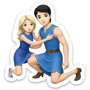 prince, upright, black Hair, blue eyes, blue garment,  Woman, blonde Hair, Green eyes, bending knee, sleveless White Dress, sticker