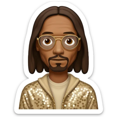 Snoop Dogg with long dark brown hair, beige sequin outfit sticker