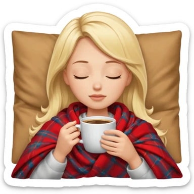 Blonde girl inside a blanket sipping coffee eyes closed sticker