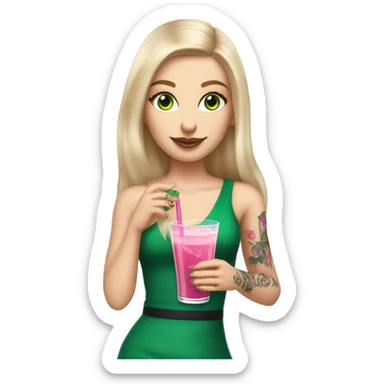 Realistic White girl with Long straight blonde hair, green eyes, tattoos, full body wearing dress and High heels, holding pink drink sticker