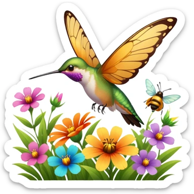 La la mañana se alegra entre flores y praderas ve avanzar mariposa bella y majestuosa entre colibrís y la abeja polinizando y Disfrutando del néctar de su miel sticker