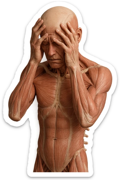 CORPO UMANO ANATOMICO con spina dorsale in evidenza, molto stanca e stressata mentre si tiene le mani sulla testa, IPERREALISTICO 4K sticker