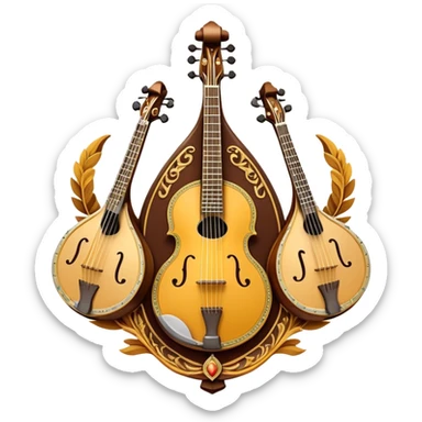 Design a sophisticated and festive emblem-like emoji representing plucked and stringed instruments. The layout should resemble a heraldic crest, featuring iconic instruments like a banjo, mandolin, domra, and sitar, artistically arranged in an elegant and symmetrical way. The necks of the instruments should be intertwined with a flowing ribbon of musical notes, winding around the strings and fretboards. The design should be detailed, showcasing the intricate carvings on the instruments, visible strings, and fret markers. Use a rich color palette with deep golds, browns, and vibrant accents to evoke a sense of luxury and celebration. The musical notes should appear to float around the instruments, connecting them in a graceful, dynamic way. Include ornate flourishes or decorative elements like laurels, swirls, or subtle engravings to give the image a professional, emblematic appearance. The background should be transparent. sticker