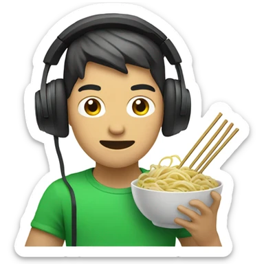asian guy with green gaming headset eats asian noodels sticker
