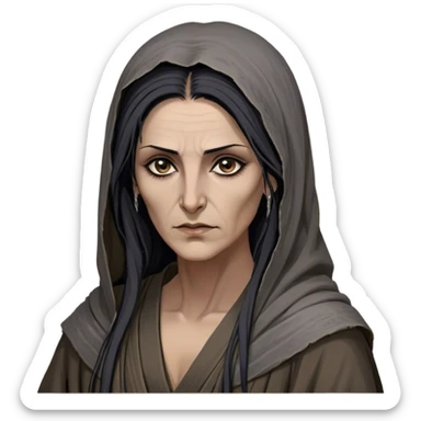 Mirri Maz Duur is a weathered, age 50 Lhazareen woman with deep-set dark eyes, high cheekbones, and a sharp nose, giving her a stern, knowing expression. Her long, unkempt dark hair streaked with gray falls loosely over her shoulders, and her earth-toned, tattered robes mark her as a humble healer. Despite her frail appearance, she exudes an aura of mystery and menace, her hands stained with herbs and blood from both healing and dark sorcery. sticker