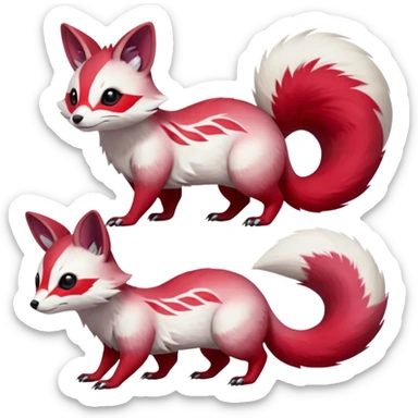  Hyper-realistic smooth Asian oriental painted silky soft White white with red gradients, and slit eyes markings beautiful handsome gorgeous aesthetic colorful vibrant Vernid-Trico-Marsupial-Furret-Zangoose-species-Fakemon-creature by LiLaiRa, 4 legs, 1 tail, random markings, (full body) sticker