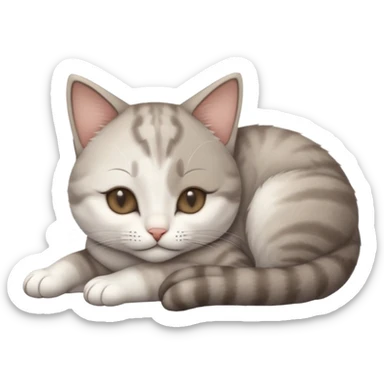 grey and white small cat with eyes closed lying down upside down with its head resting own paw sticker