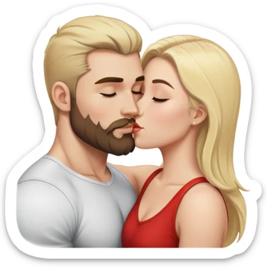 Brunette woman kissing white muscular man with blonde hair and a beard sticker