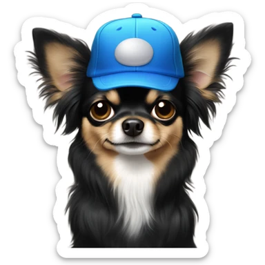 cute all black long haired Chihuahua held by old blue eyes man with goatee and ball cap sticker