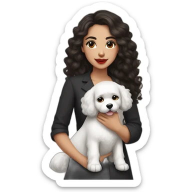 young moroccan woman with dark brown eyes, dark long curling hair, red lips, a black dress, a stethoscope around the neck and a white cotton of tulear dog named Fidji on her lap sticker